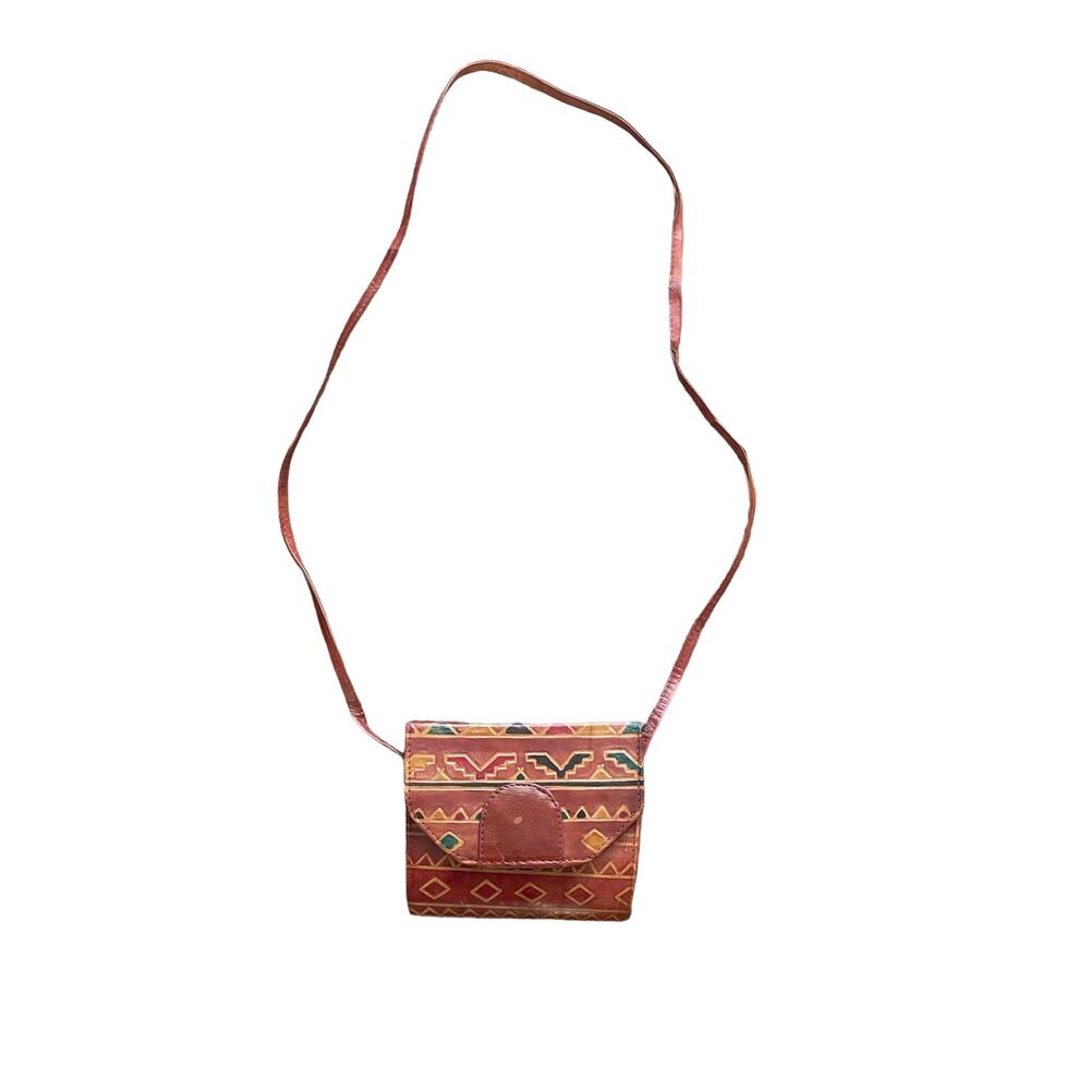 1990s Vintage Tan Multicolor Carved Patterned Leather Structured Crossbody Purse